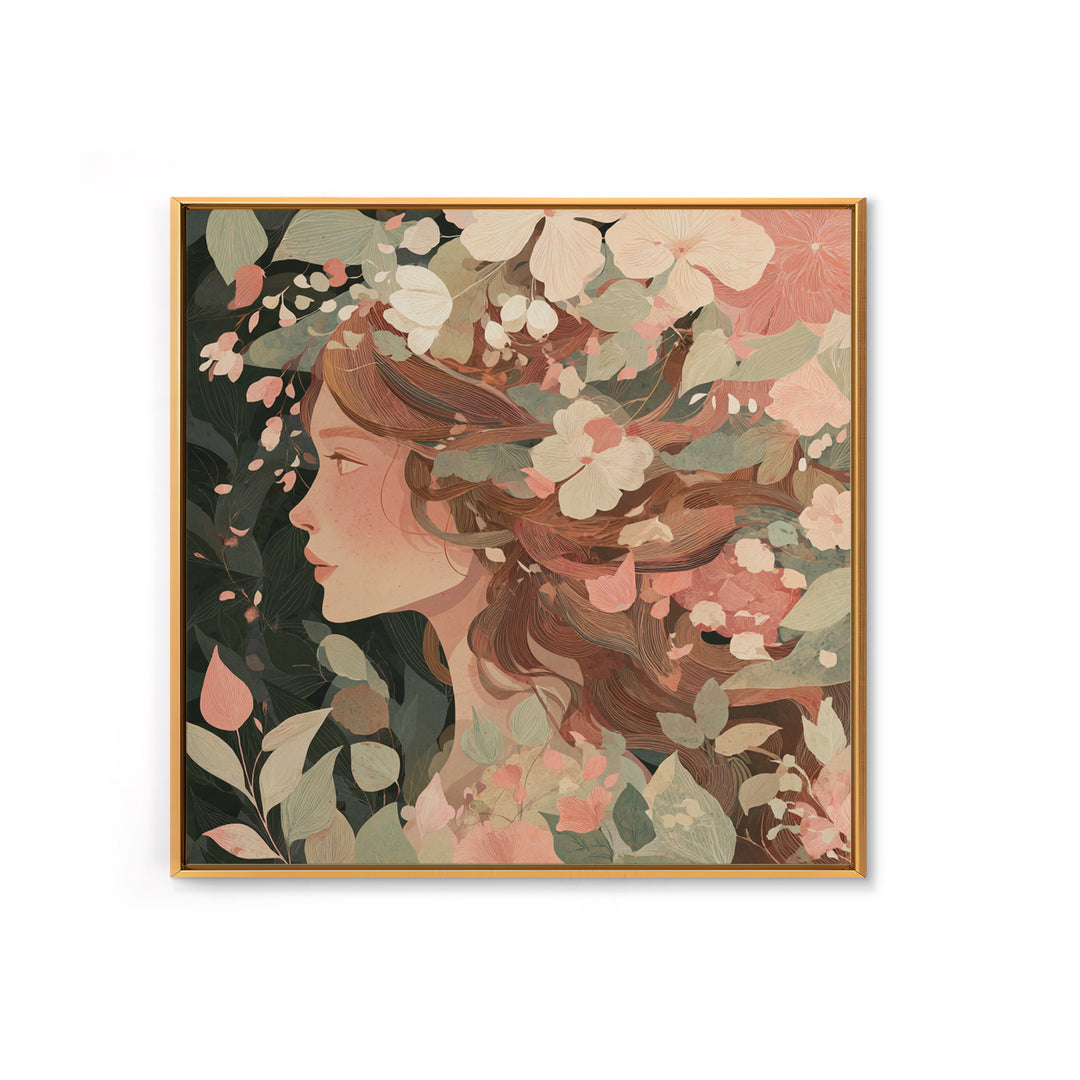 Botanical Woman Profile With Flowing Hair And Cream Flowers Wall Art, Art Nouveau Floral Print, Feminine Boho Living Room Decor Gift