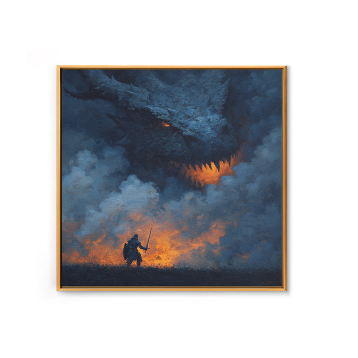 Dragon Looming Over Lone Knight In Smoke, Dark Fantasy Wall Art, Medieval Warrior Canvas Print, Gothic Game Room Decor Gift