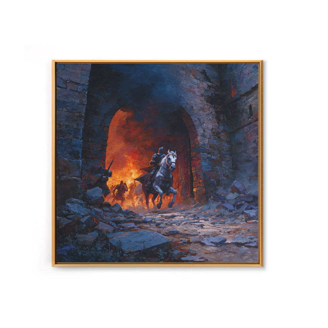 Mounted Knight Escaping Burning Castle Gate, Dark Fantasy Wall Art, Medieval Battle Canvas Print, Gothic Living Room Decor