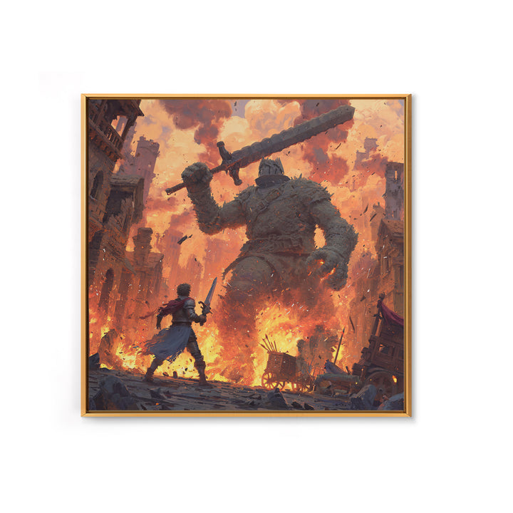 Giant Stone Warrior In Blazing City, Epic Fantasy Wall Art, Medieval Hero Canvas Print, Dramatic Game Room Decor Gift For Him
