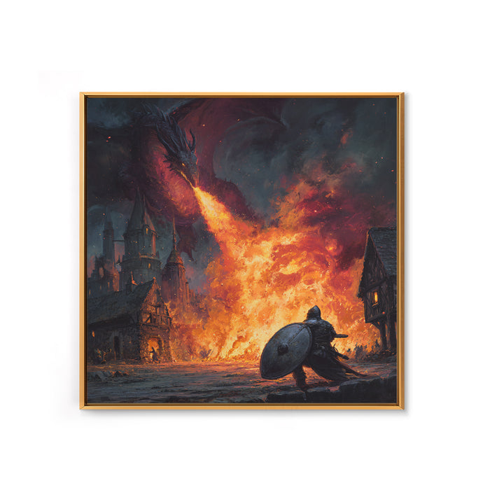 Fire Breathing Dragon Above Shielded Knight, Dark Fantasy Wall Art, Medieval Village Canvas Print, Gothic Castle Decor Gift