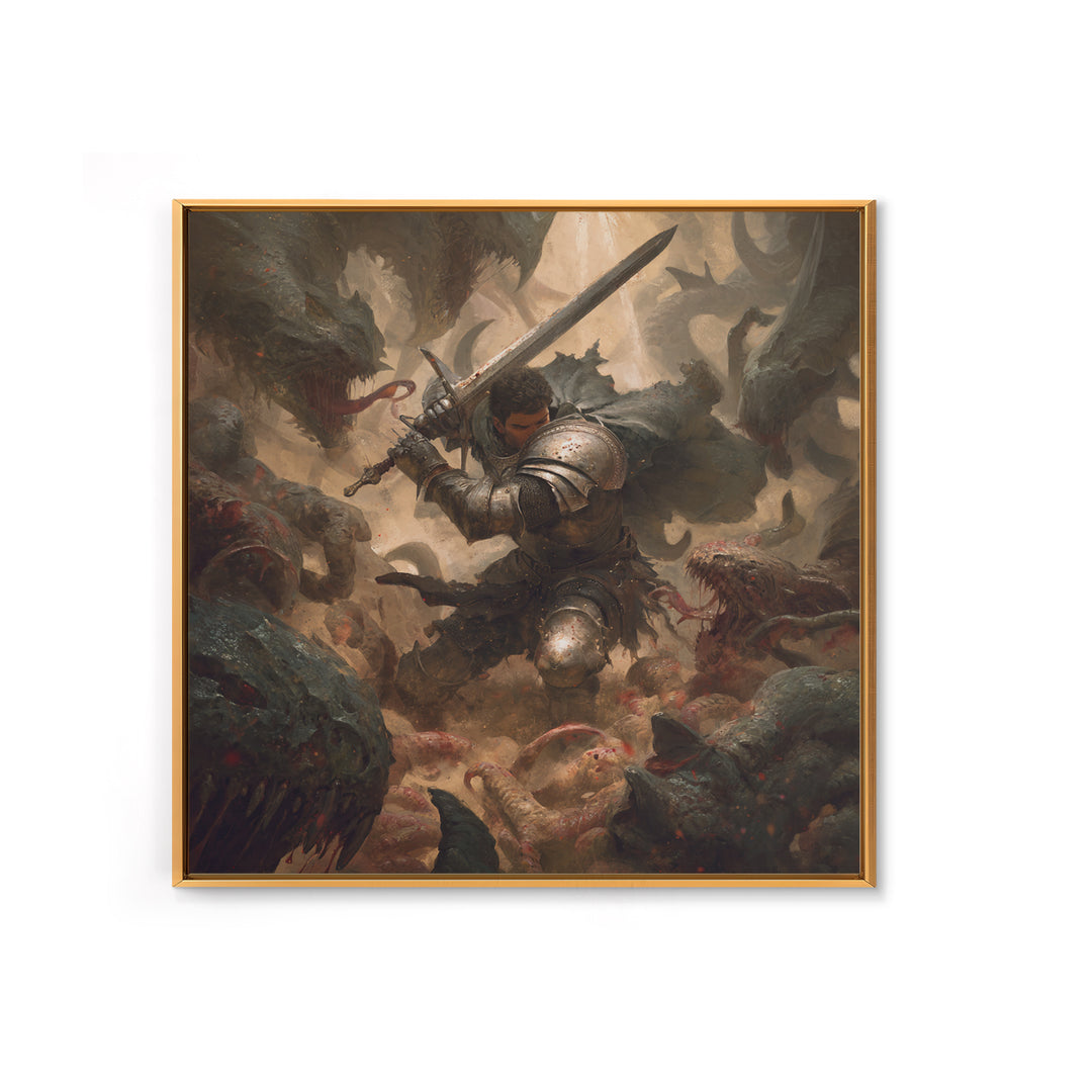 Armored Warrior Battling Monsters With Sword, Dark Fantasy Wall Art, Medieval Knight Canvas Print, Gothic Dungeon Decor Gift