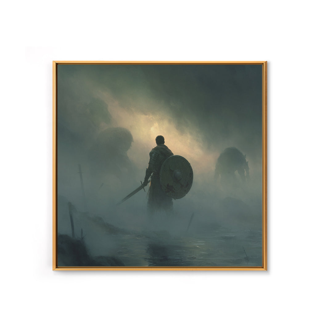 Lone Knight Facing Shadow Giants In Fog, Moody Fantasy Wall Art, Medieval Warrior Canvas Print, Dark Academia Decor Gift