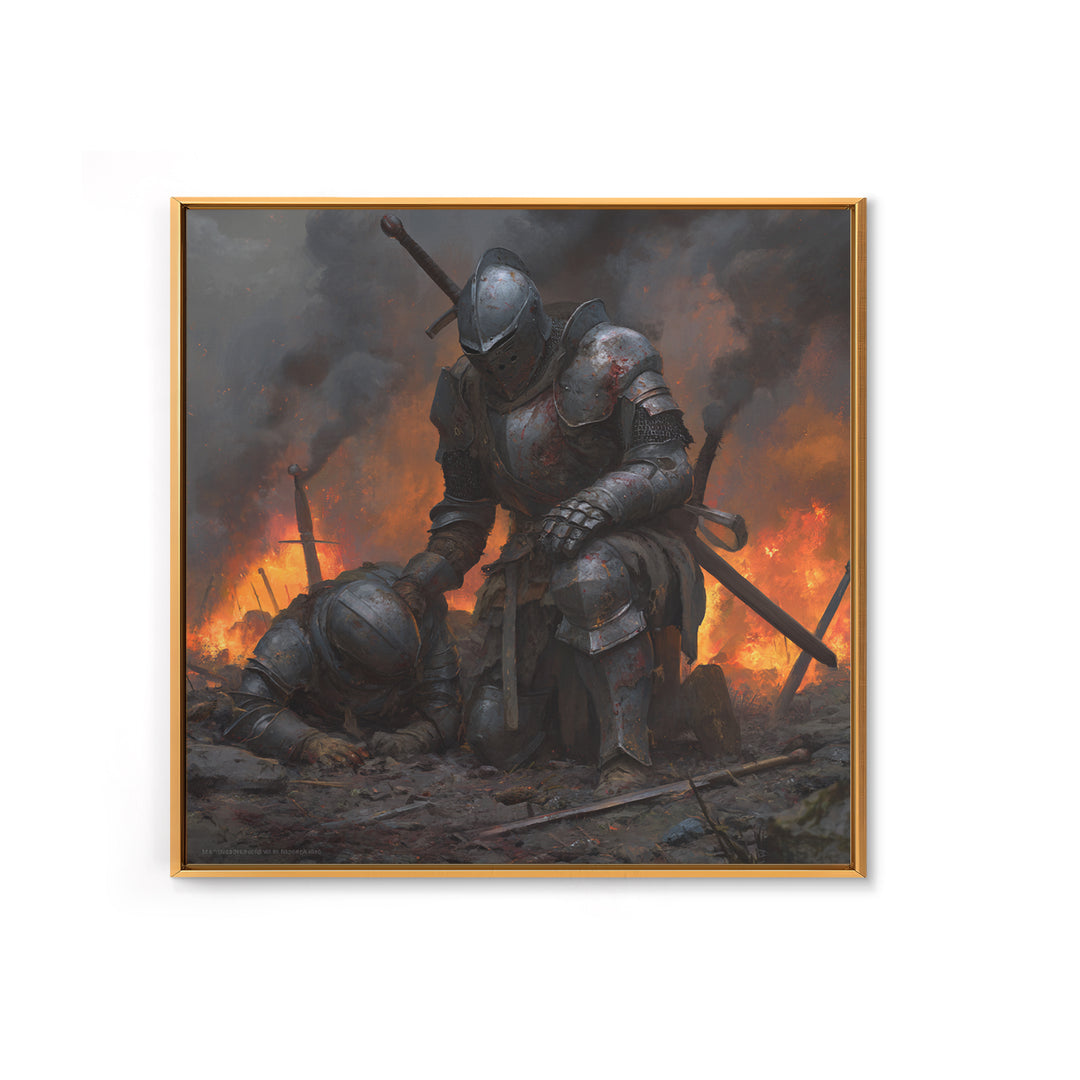 Bloodied Knight Kneeling On Fiery Battlefield, Dark Fantasy Wall Art, Medieval Armor Canvas Print, Gothic Warrior Decor Gift
