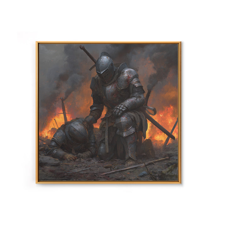 Bloodied Knight Kneeling On Fiery Battlefield, Dark Fantasy Wall Art, Medieval Armor Canvas Print, Gothic Warrior Decor Gift