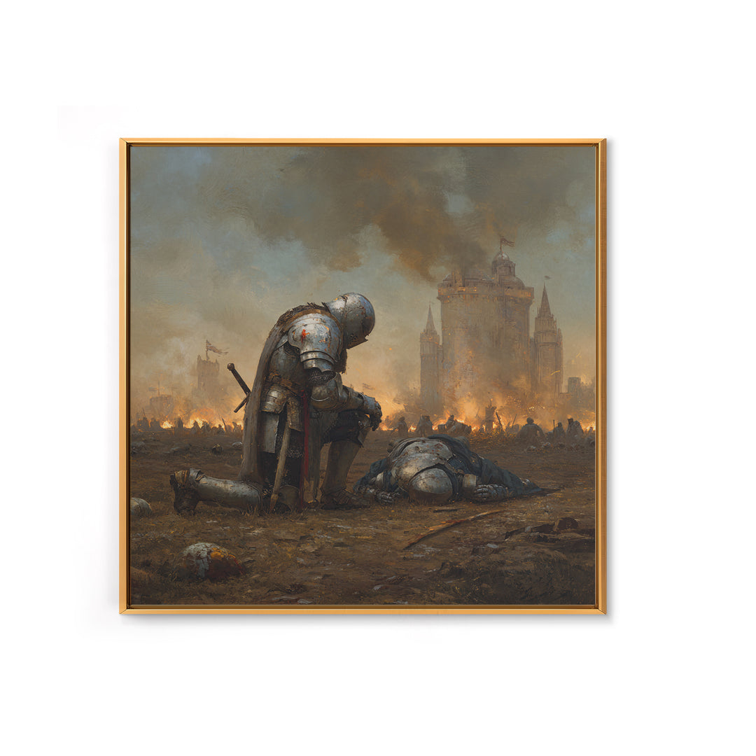 Kneeling Knight In War Torn Field By Castle, Medieval Wall Art, Dark Fantasy Canvas Print, Moody Living Room Decor Gift For Him