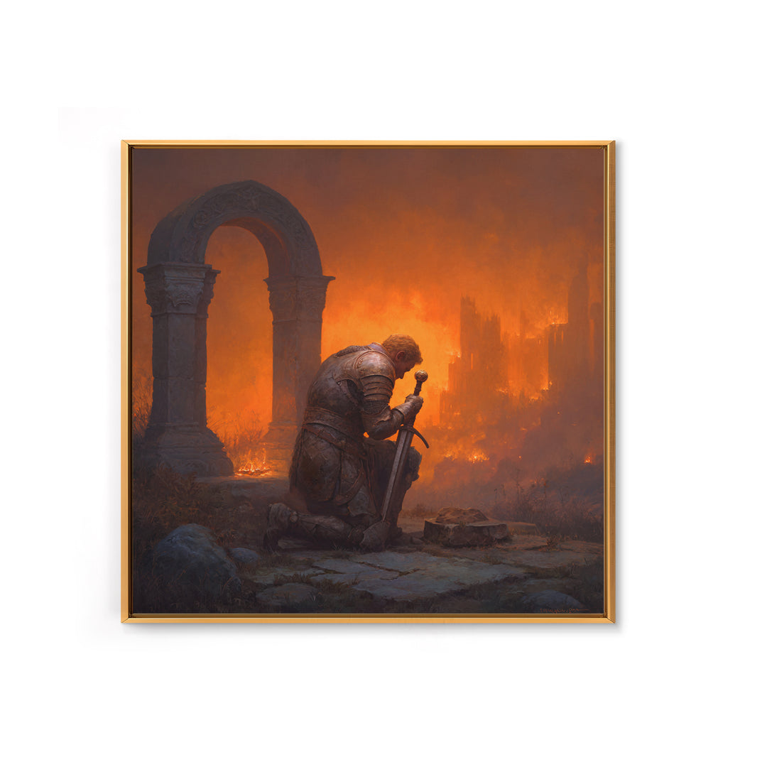 Knight Praying Beside Sword In Burning Ruins, Dark Fantasy Wall Art, Medieval Canvas Print, Gothic Castle Decor Gift For Him