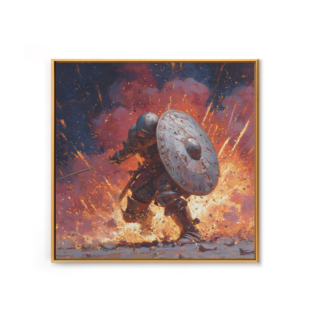 Shielded Knight Charging Through Exploding Fire, Dark Fantasy Wall Art, Medieval Battle Canvas Print, Gothic Game Room Decor