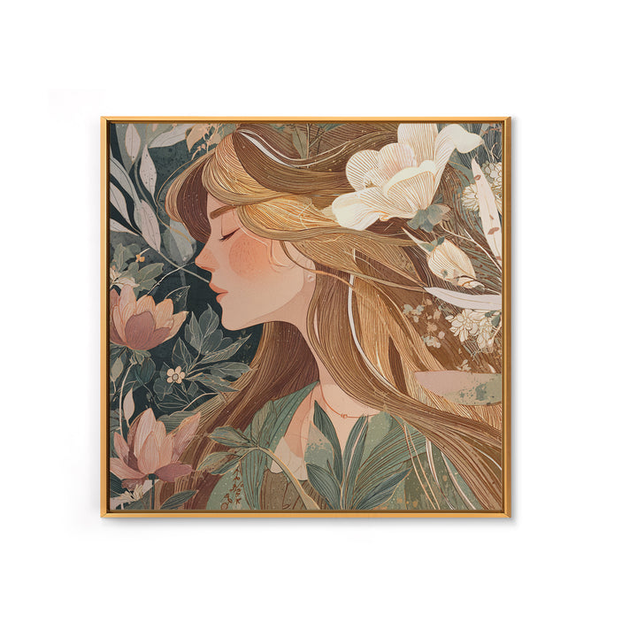 Blonde Woman In Blooming Garden Wall Art, Art Nouveau Floral Canvas Print, Feminine Botanical Decor, Romantic Bedroom Art