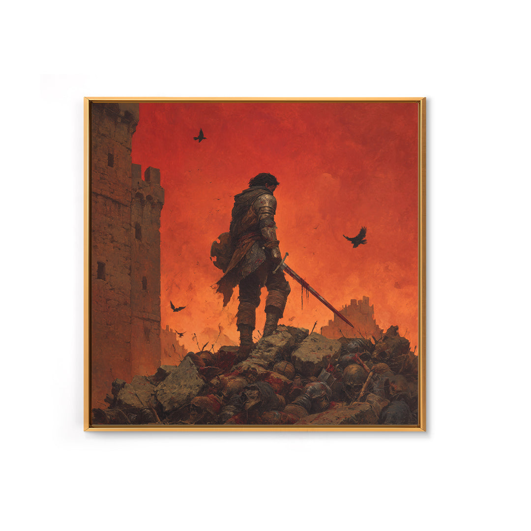 Lone Medieval Warrior On Red Battlefield Wall Art, Dark Fantasy Castle Canvas, Gothic Knight Decor, Dramatic Game Room Print