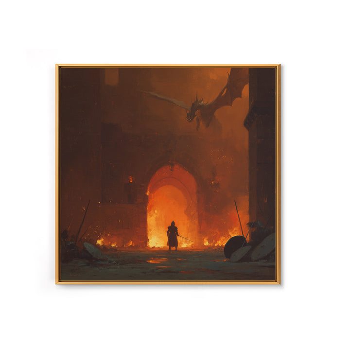 Dragon Above Burning Castle Gate Framed Canvas Print, Dark Fantasy Wall Art, Medieval Warrior Decor, Gothic Game Room Poster