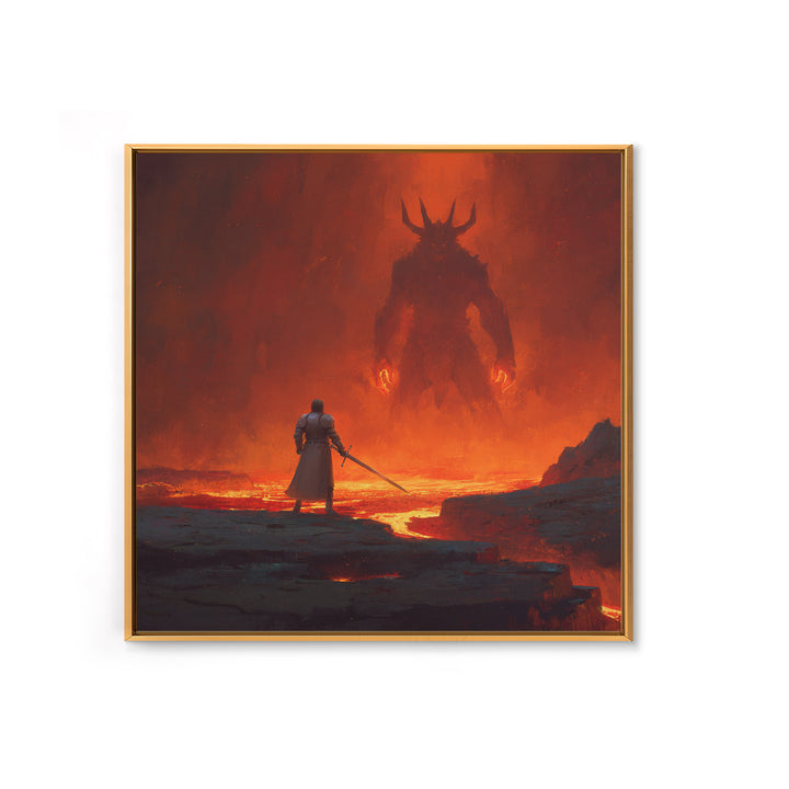 Knight Facing Fiery Demon In Lava Realm Canvas Print, Dark Fantasy Wall Art, Gothic Battle Decor, Epic Gaming Room Poster