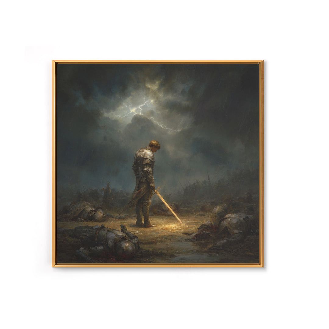 Stormlit Knight With Glowing Sword Wall Art, Dark Fantasy Battlefield Print, Gothic Medieval Decor, Dramatic Office Wall Art