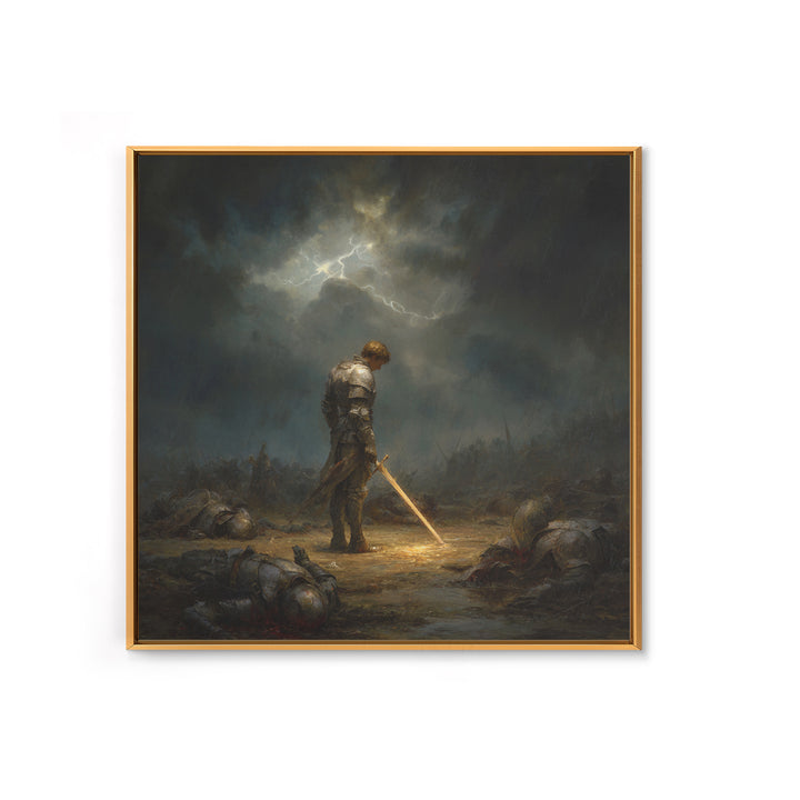Stormlit Knight With Glowing Sword Wall Art, Dark Fantasy Battlefield Print, Gothic Medieval Decor, Dramatic Office Wall Art