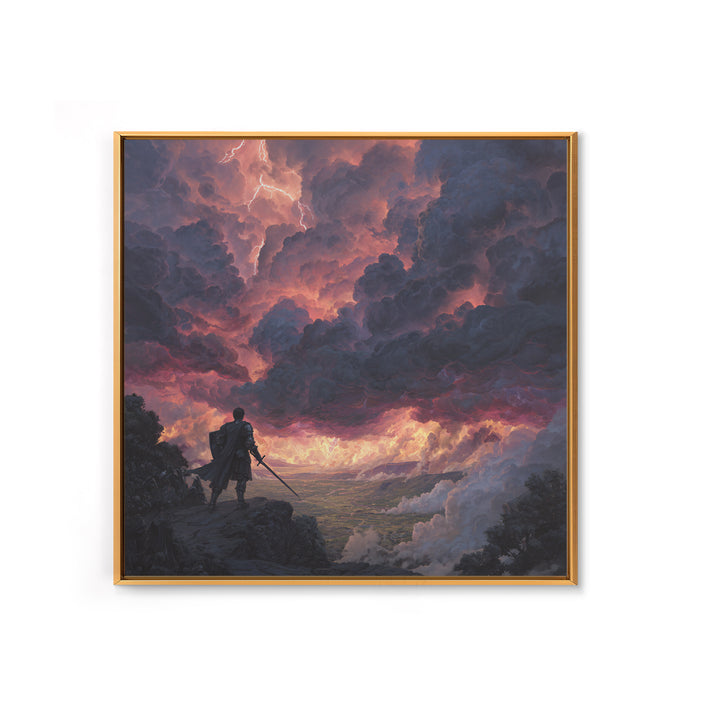 Warrior Beneath Thundercloud Sky Canvas Print, Dramatic Fantasy Landscape Wall Art, Lightning Storm Decor, Moody Wall Decor