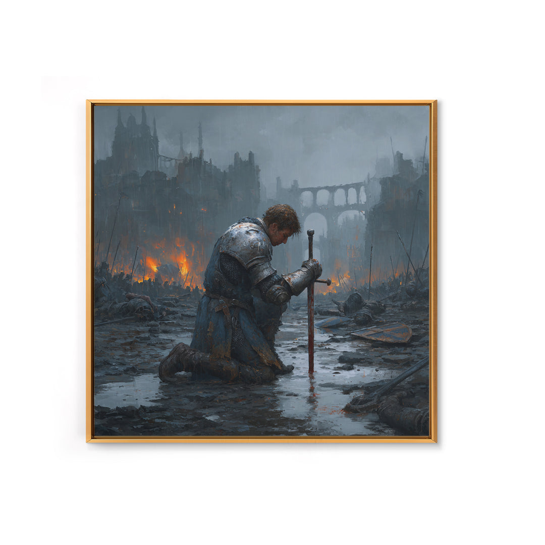 Kneeling Knight In Rainy Ruins Framed Canvas Print, Dark Fantasy Wall Art, Medieval Castle Decor, Moody Battlefield Art Print