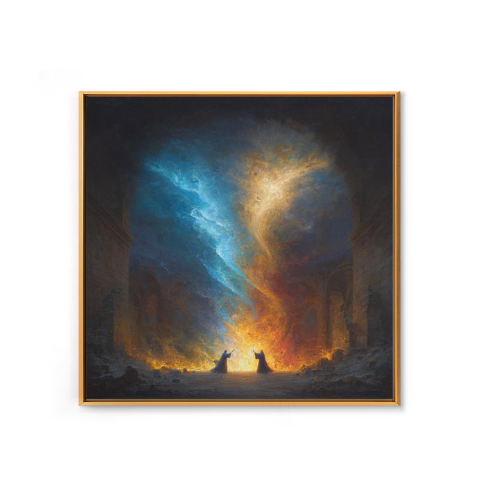 Twin Mages Casting Blue Gold Spell Canvas Print, Fantasy Magic Wall Art, Mystical Abstract Energy Decor, Wizard Wall Art