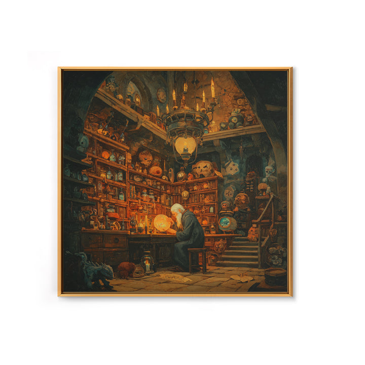 Old Wizard In Magical Curiosity Shop Wall Art, Fantasy Library Decor, Whimsical Alchemist Canvas, Dark Academia Home Decor Print