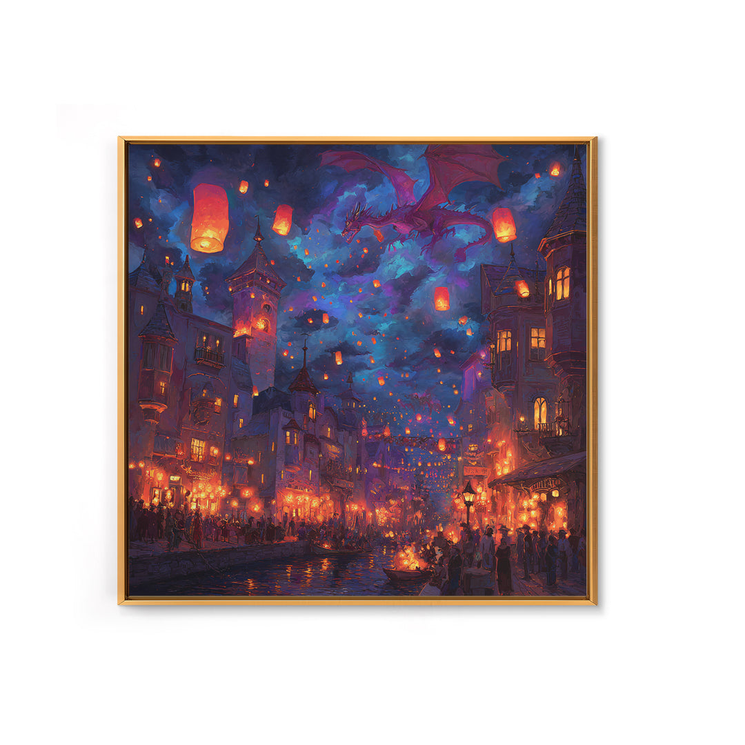 Purple Dragon Over Lantern Festival Wall Art, Whimsical Fantasy City Canvas, Magical Night Decor, Colorful Kids Room Poster