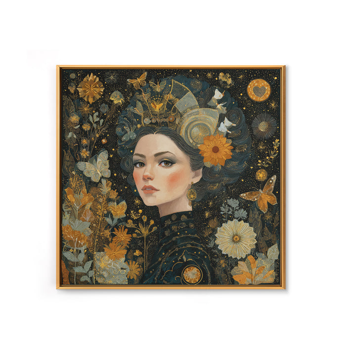 Art Nouveau Woman With Gold Flowers Canvas Print, Feminine Celestial Wall Art, Botanical Portrait Decor, Elegant Gift For Her