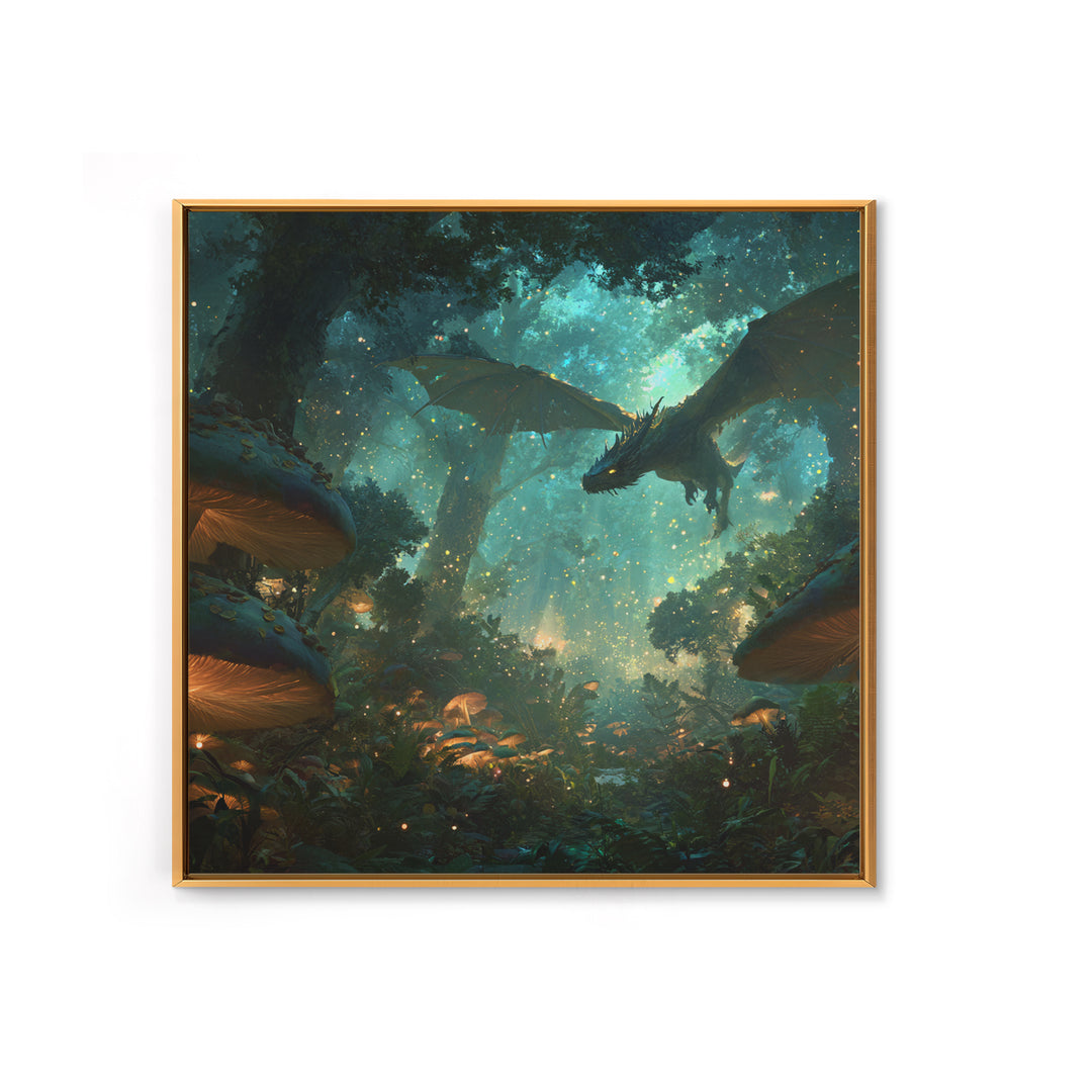 Enchanted Forest Dragon With Glowing Mushrooms Wall Art, Fantasy Canvas Print, Magical Woodland Decor, Gamer Room Decor Gift