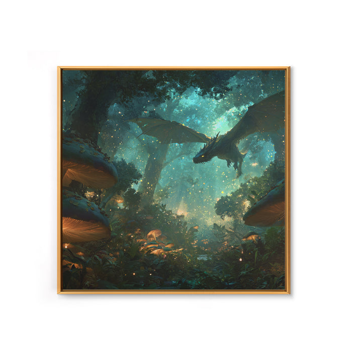 Enchanted Forest Dragon With Glowing Mushrooms Wall Art, Fantasy Canvas Print, Magical Woodland Decor, Gamer Room Decor Gift