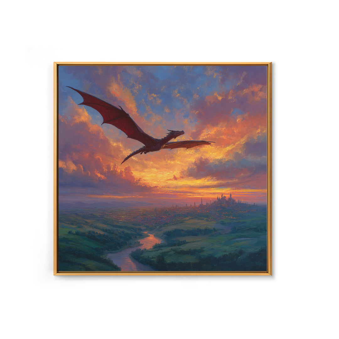 Red Dragon Flying Over Sunset Kingdom Canvas Print, Fantasy Landscape Wall Art, Castle Decor, Epic Gamer Room Gift For Him