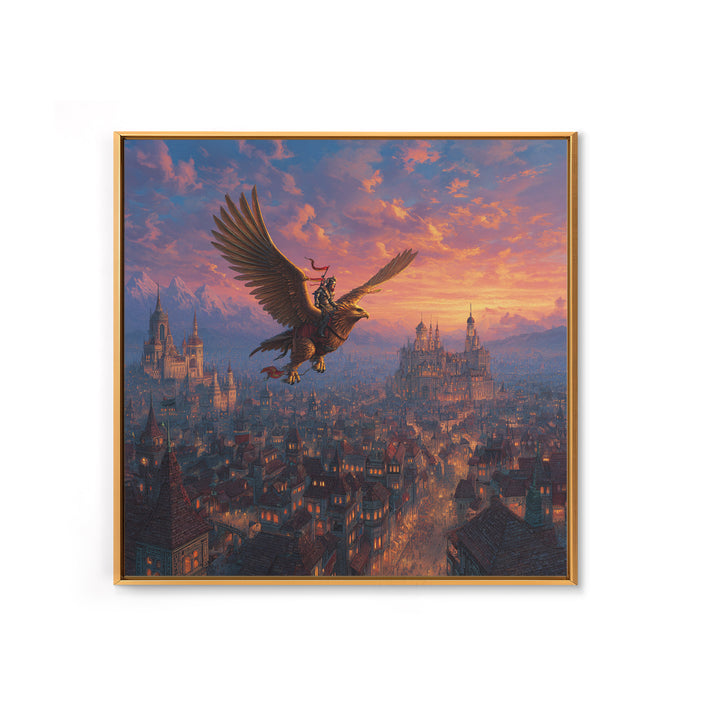 Warrior Riding Griffon Over Medieval City Framed Canvas Print, Fantasy Wall Art, Castle Landscape Decor, Epic Adventure Gift