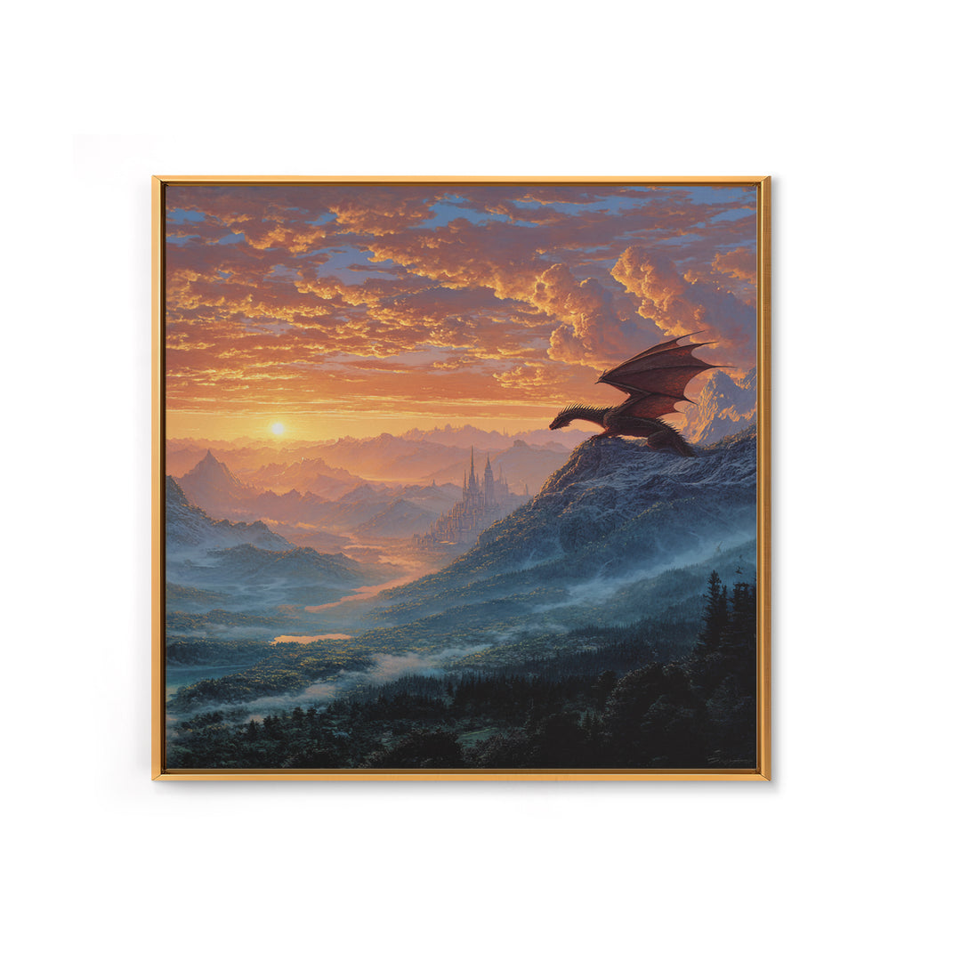 Mountain Dragon Watching Sunrise Kingdom Wall Art, Fantasy Landscape Canvas Print, Castle Decor, Epic Adventure Gift For Gamers