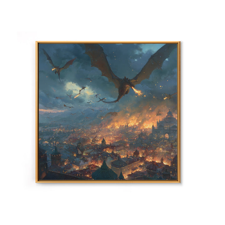 Fire Breathing Dragons Attacking Burning City Canvas Print, Dark Fantasy Wall Art, Medieval Battle Decor, Gamer Room Gift