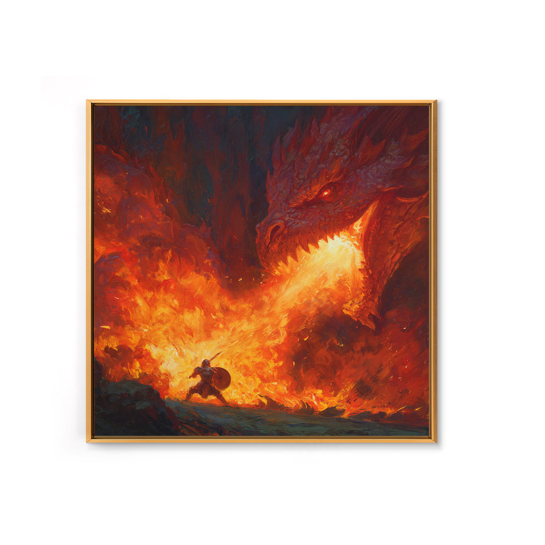Red Dragon Breathing Fire At Brave Knight Wall Art, Dark Fantasy Canvas Print, Epic Medieval Battle Decor, Gamer Gift For Him