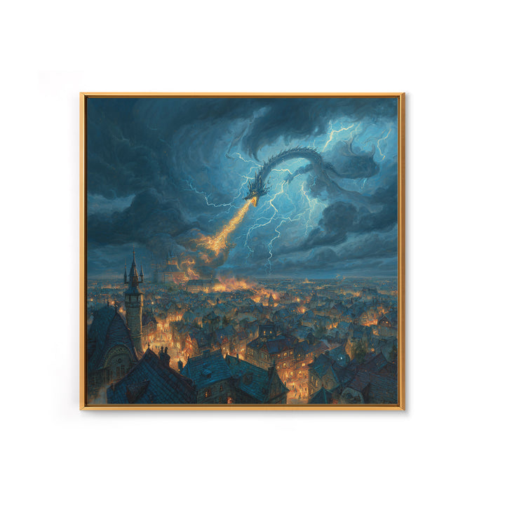 Lightning Dragon Over Stormy Medieval City Canvas Print, Dark Fantasy Wall Art, Dramatic Castle Decor, Gamer Room Gift For Him