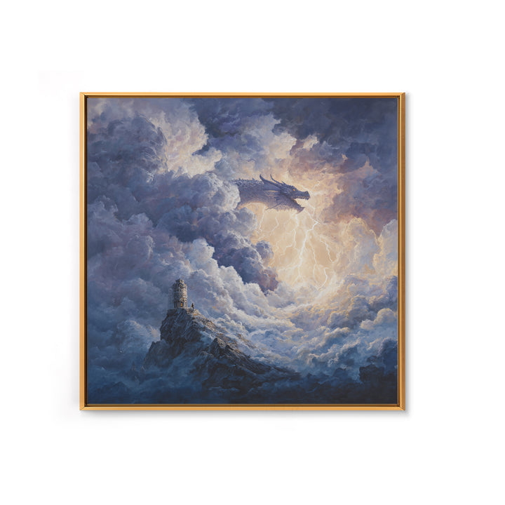 Storm Cloud Dragon With Lightning Above Lonely Tower Wall Art, Dark Fantasy Canvas Print, Gothic Castle Decor, Moody Art Gift
