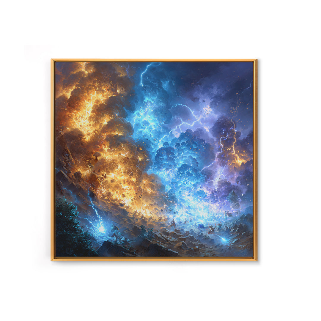 Blue And Gold Elemental Storm Battle Wall Art, Fantasy Canvas Print, Lightning Fire Landscape, Dramatic Gamer Room Decor