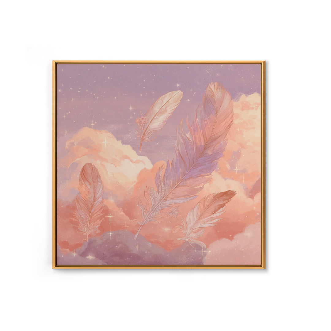 Pink Feathers Floating In Peach Clouds Canvas Print, Celestial Wall Decor, Dreamy Pastel Nursery Art, Whimsical Gift For Her
