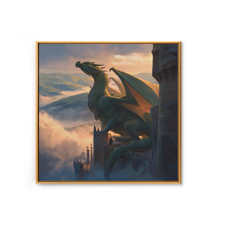 Majestic Dragon On Castle Tower Framed Canvas Print, Fantasy Wall Art, Mountain Landscape Decor, Medieval Adventure Gift