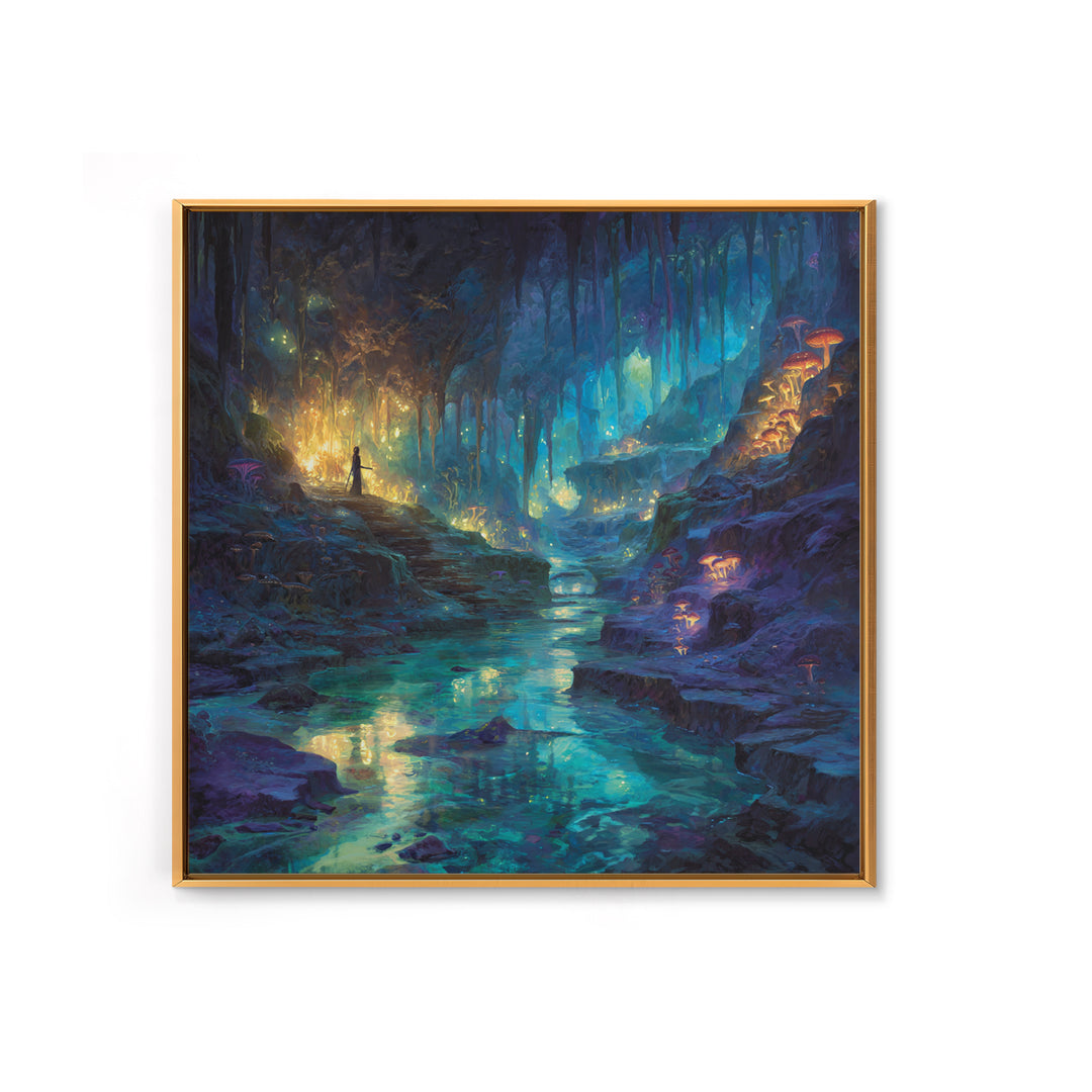 Glowing Crystal Cave River Wall Art, Fantasy Canvas Print, Bioluminescent Mushroom Decor, Magical Landscape Gift For Her