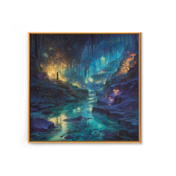 Glowing Crystal Cave River Wall Art, Fantasy Canvas Print, Bioluminescent Mushroom Decor, Magical Landscape Gift For Her