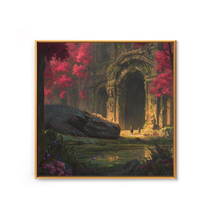 Sleeping Dragon In Crimson Forest Ruins Wall Art, Fantasy Canvas Print, Gothic Garden Decor, Mythical Adventure Gift For Her