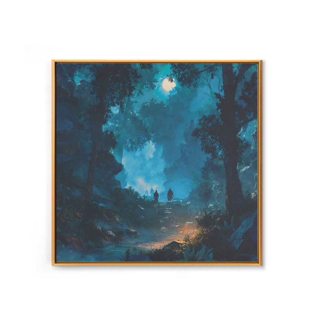 Moonlit Blue Forest Path Wall Art, Fantasy Canvas Print, Mystical Landscape Decor, Calming Adventure Gift For Nature Lovers