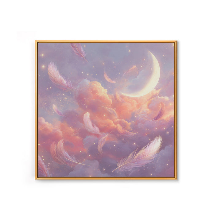 Crescent Moon And Floating Feathers Framed Canvas Print, Celestial Wall Art, Dreamy Cloud Decor, Pastel Nursery Gift For Her