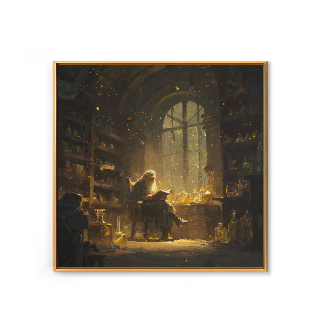 Wizard Reading In Golden Alchemy Library Wall Art, Dark Academia Fantasy Art Print, Magical Home Office Decor Gift For Readers