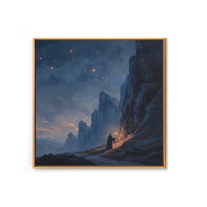 Lone Wizard On Starlit Mountain Path Canvas Print, Moody Fantasy Landscape Art, Dark Academia Office Wall Decor For Study Room