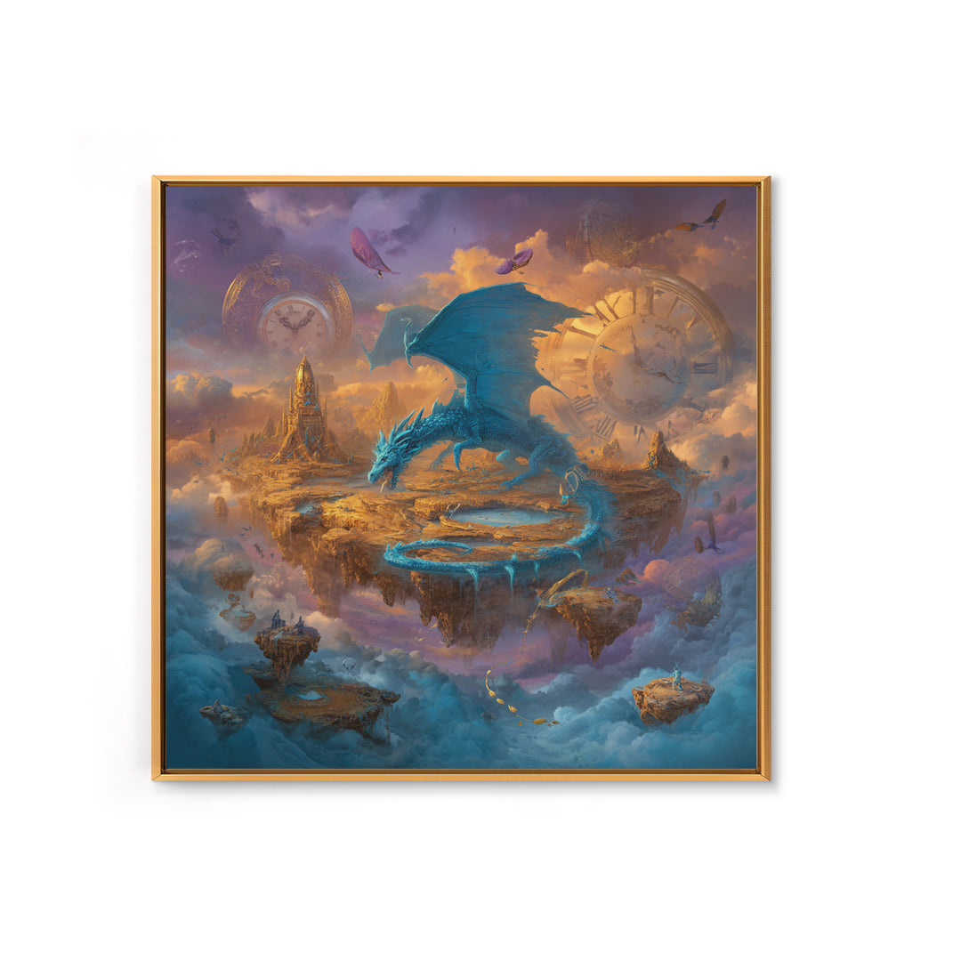 Blue Dragon Over Floating Clockwork Islands Wall Art, Epic Fantasy Canvas Print, Surreal Sky Castle Gaming Room Decor Gift