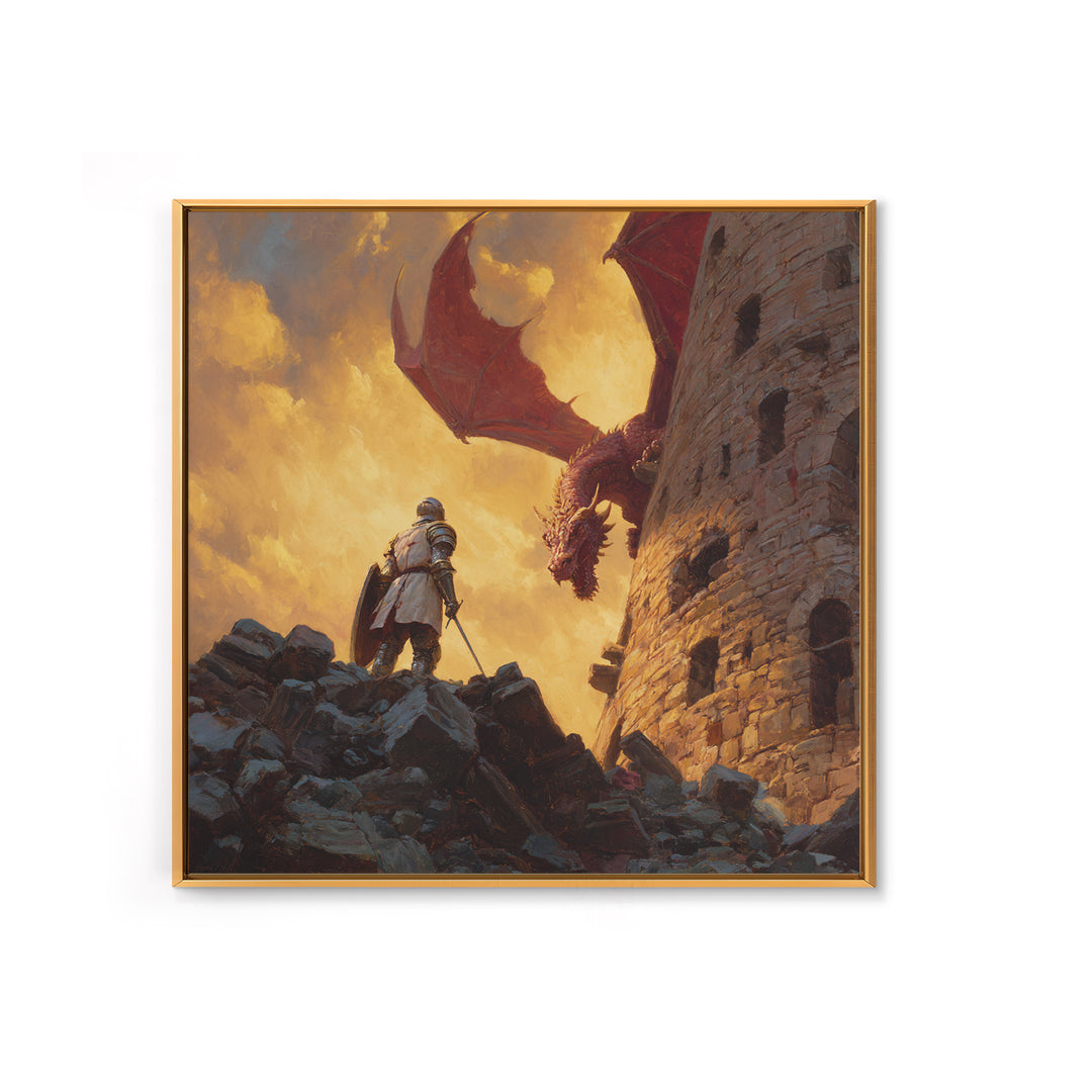 Knight Facing Red Dragon By Castle Tower Framed Canvas Print, Medieval Fantasy Wall Art, Epic Gaming Room Decor Gift For Him