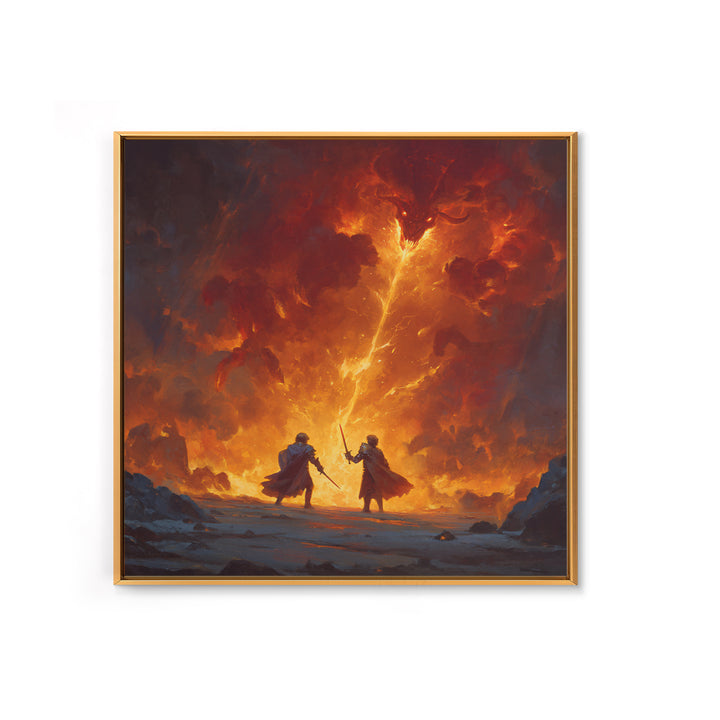 Heroes Battling Fire Demon In Inferno Wall Art, Dark Fantasy Canvas Print, Epic Dungeons And Dragons Gaming Room Decor Gift