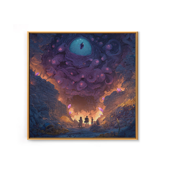 Adventurers Beneath Giant Cosmic Eye Canvas Print, Surreal Dark Fantasy Wall Art, Dungeon Cave Gaming Room Decor Gift For Him