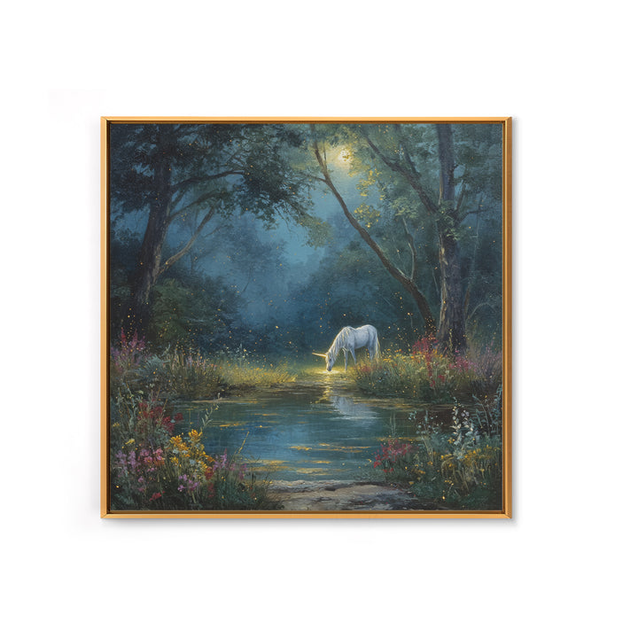 White Unicorn By Moonlit Forest Stream Wall Art, Enchanted Woodland Fantasy Canvas Print, Dreamy Nursery Decor Gift For Kids Room