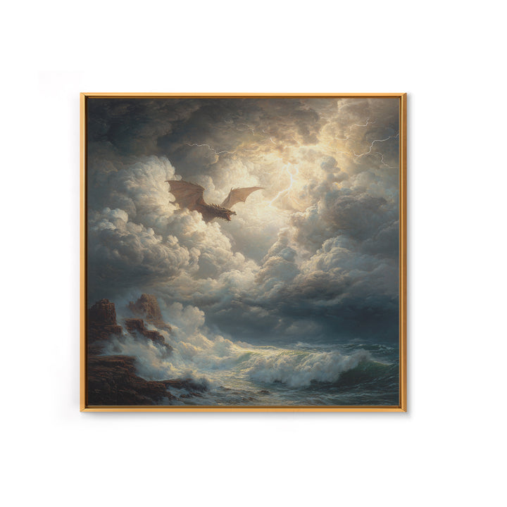Dragon Flying Through Lightning Storm Over Ocean Wall Art, Dark Fantasy Seascape Canvas Print, Nautical Gothic Decor Gift