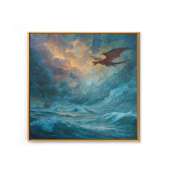Red Dragon Soaring Above Stormy Ocean Canvas Print, Epic Fantasy Seascape Wall Art, Gothic Nautical Living Room Decor Gift
